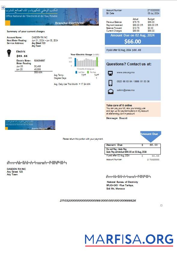 Downloadable Morocco National Bureau of Electricity business utility bill Word and PDF template